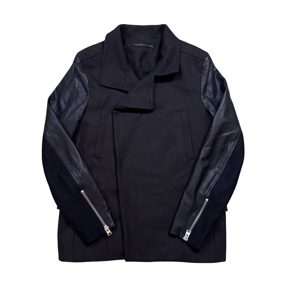 All Saints Major Wool & Leather Pea Coat Jacket Biker Sleeves Brown Black Size L